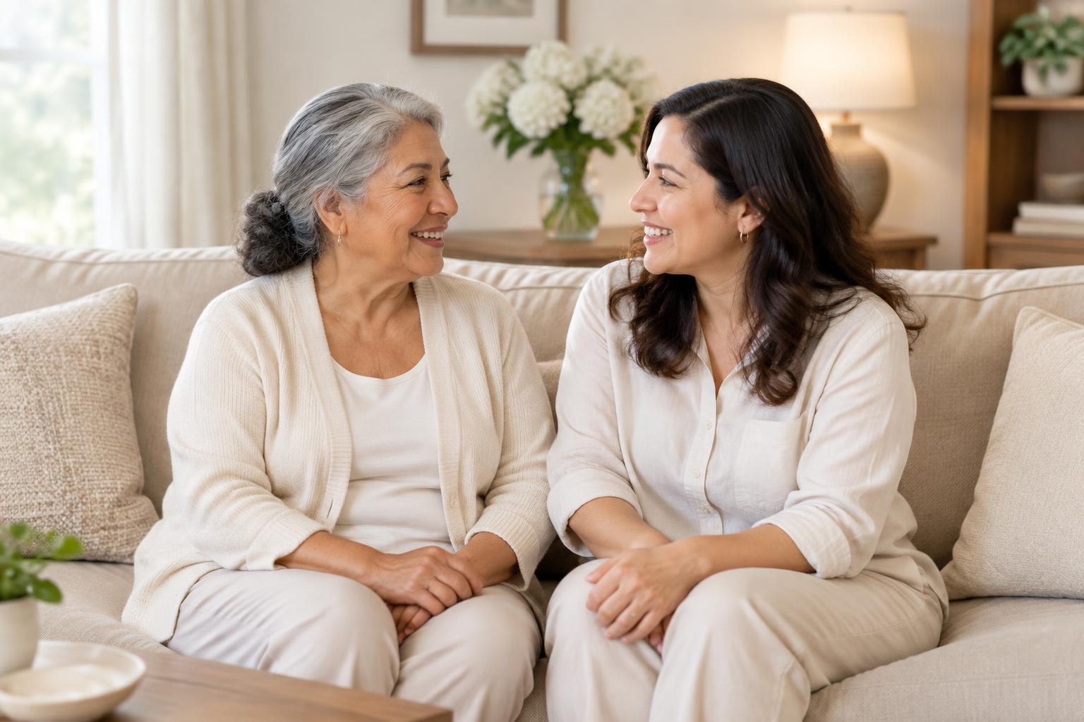 An older woman and her adult daughter talking together on a sofa in a bright living room