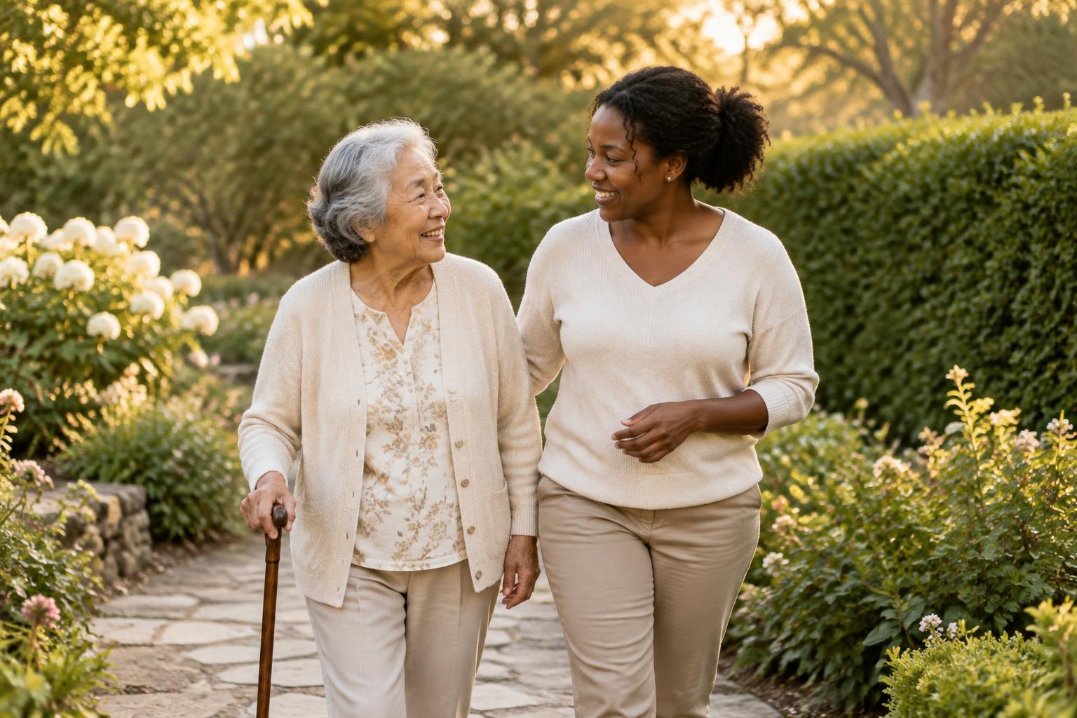 An older woman and her caregiver walking together in the garden courtyard