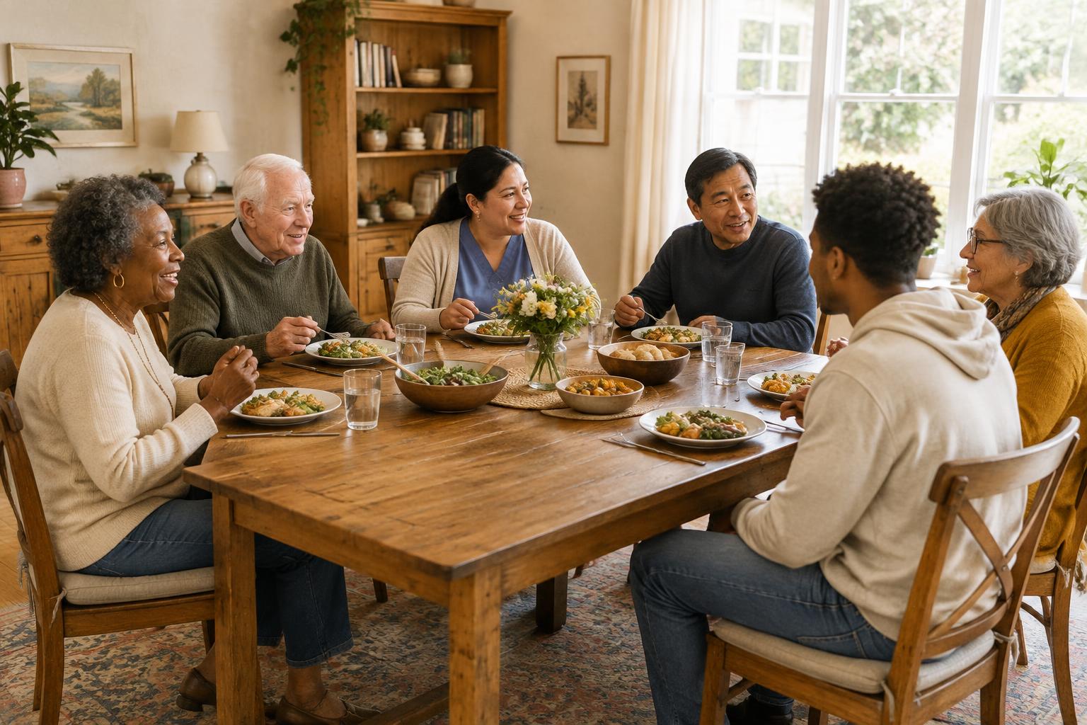 Residents and a caregiver of different ages and backgrounds sharing a meal at a long dining table